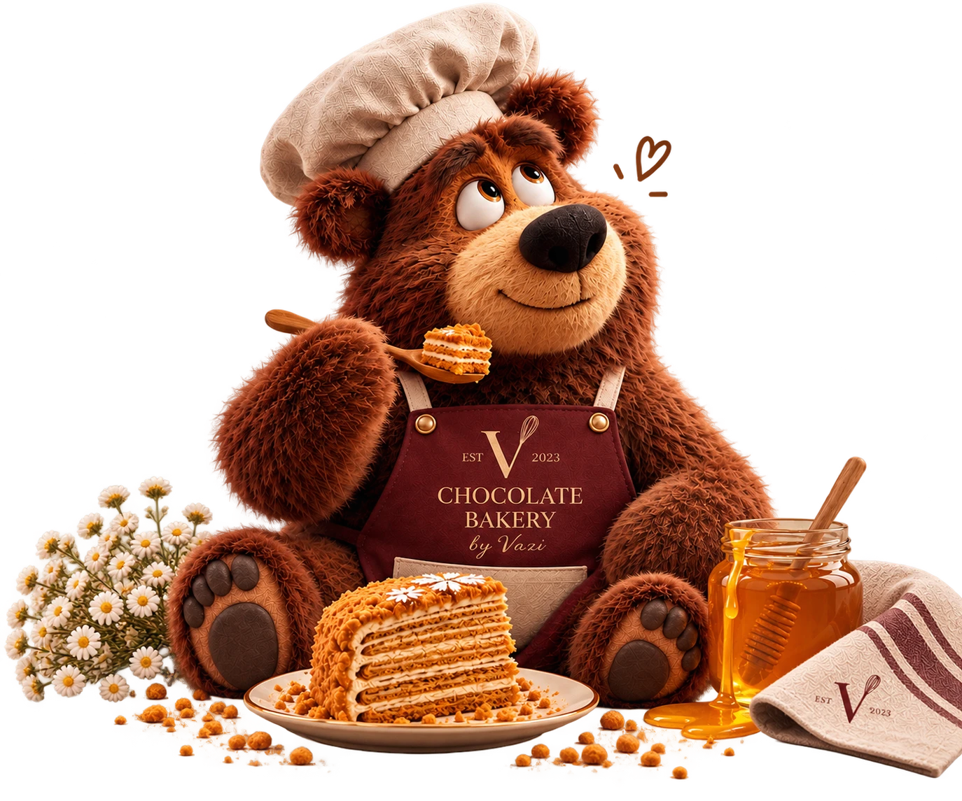 The Chocolate Bakery by Vazi bear, in a chef’s hat and the house apron, with a honey cake, a jar of honey and a bunch of camomile