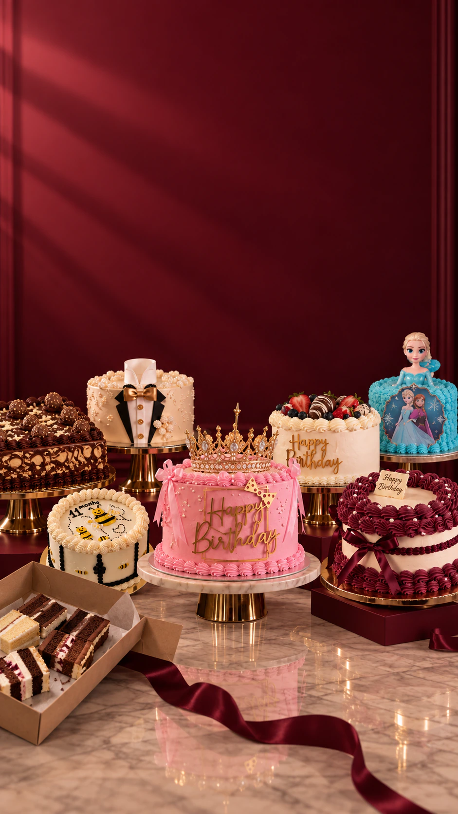 An arrangement of finished custom cakes on gold stands against the bakery’s burgundy wall
