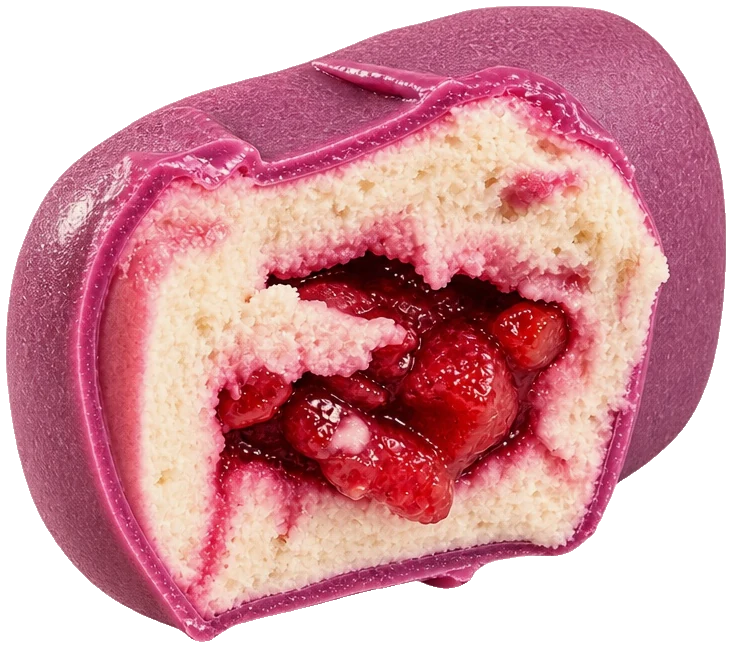 Pink-shelled dessert cut open on its cherry filling