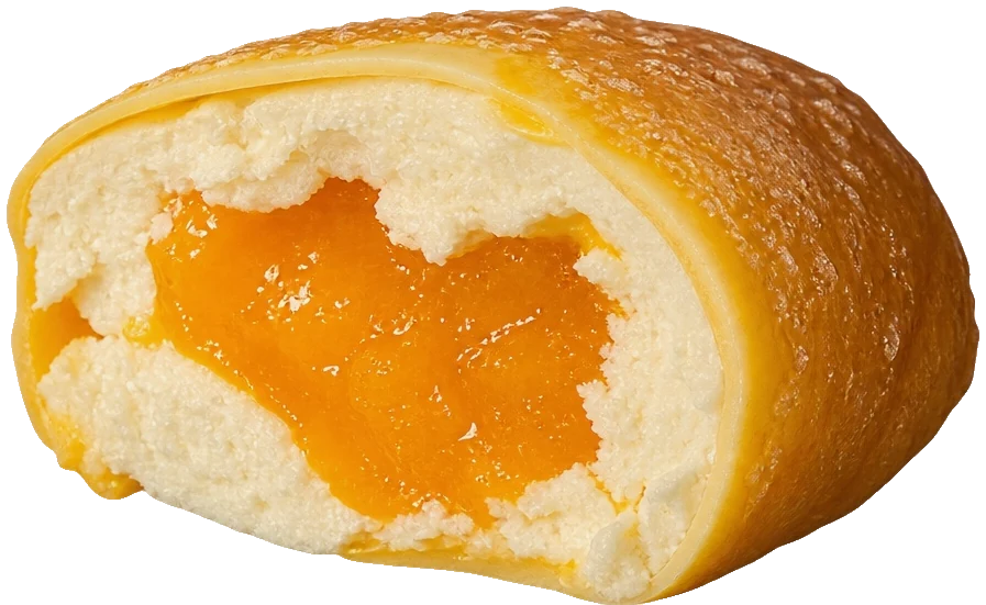Mango dessert cut open on its mango filling