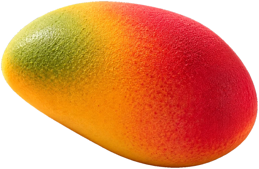 Mango-shaped mousse dessert in a golden-red velvet