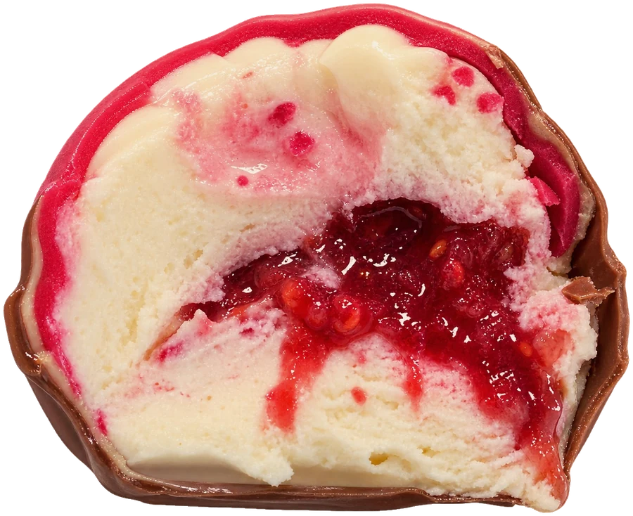 Chocolate-shelled dessert cut open on its raspberry filling