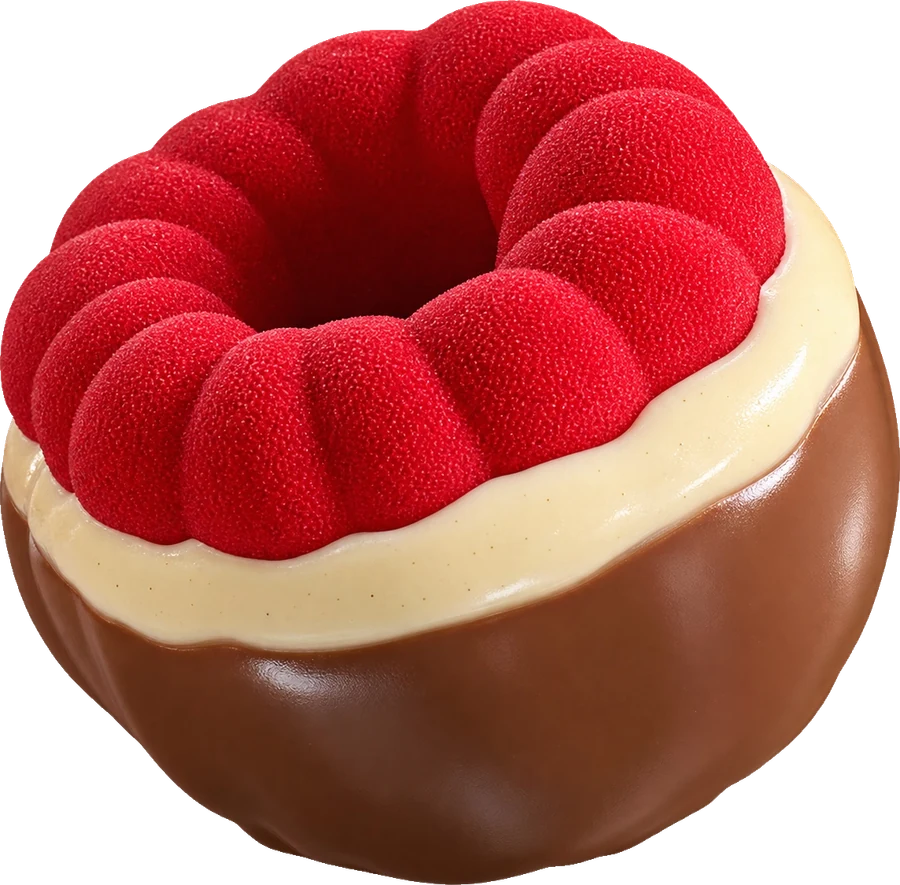 Raspberry mousse dessert: a chocolate cup under a ring of raspberry velvet