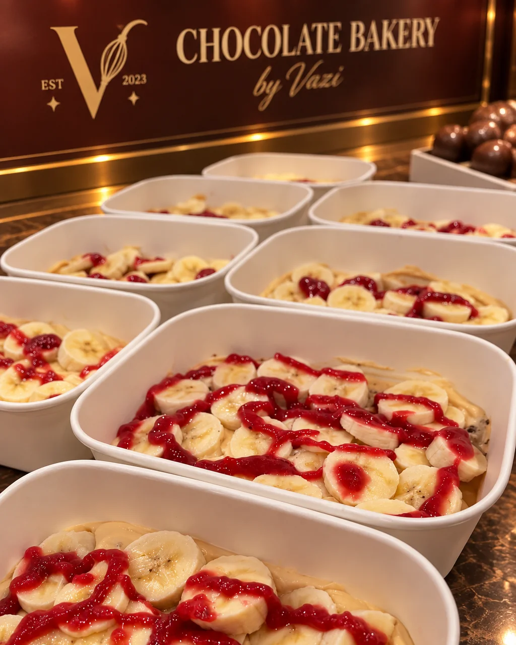 Trays on the bakery counter under the gold sign, filled with sliced banana and raspberry coulis