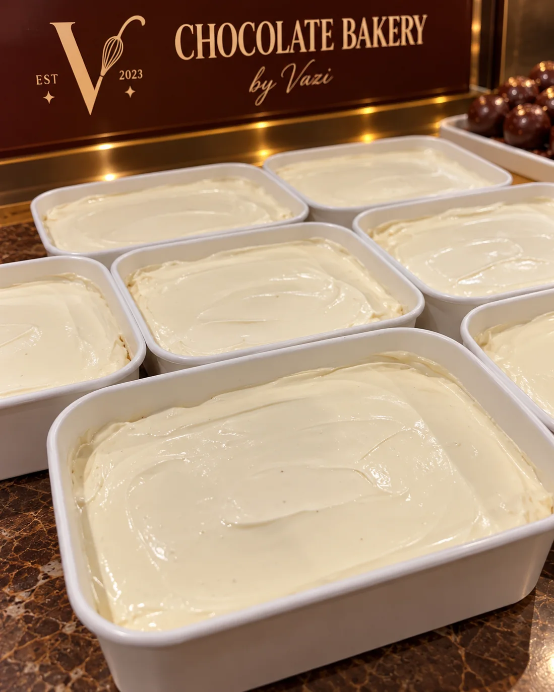 The same trays, each one now smoothed over with a pale layer of cream