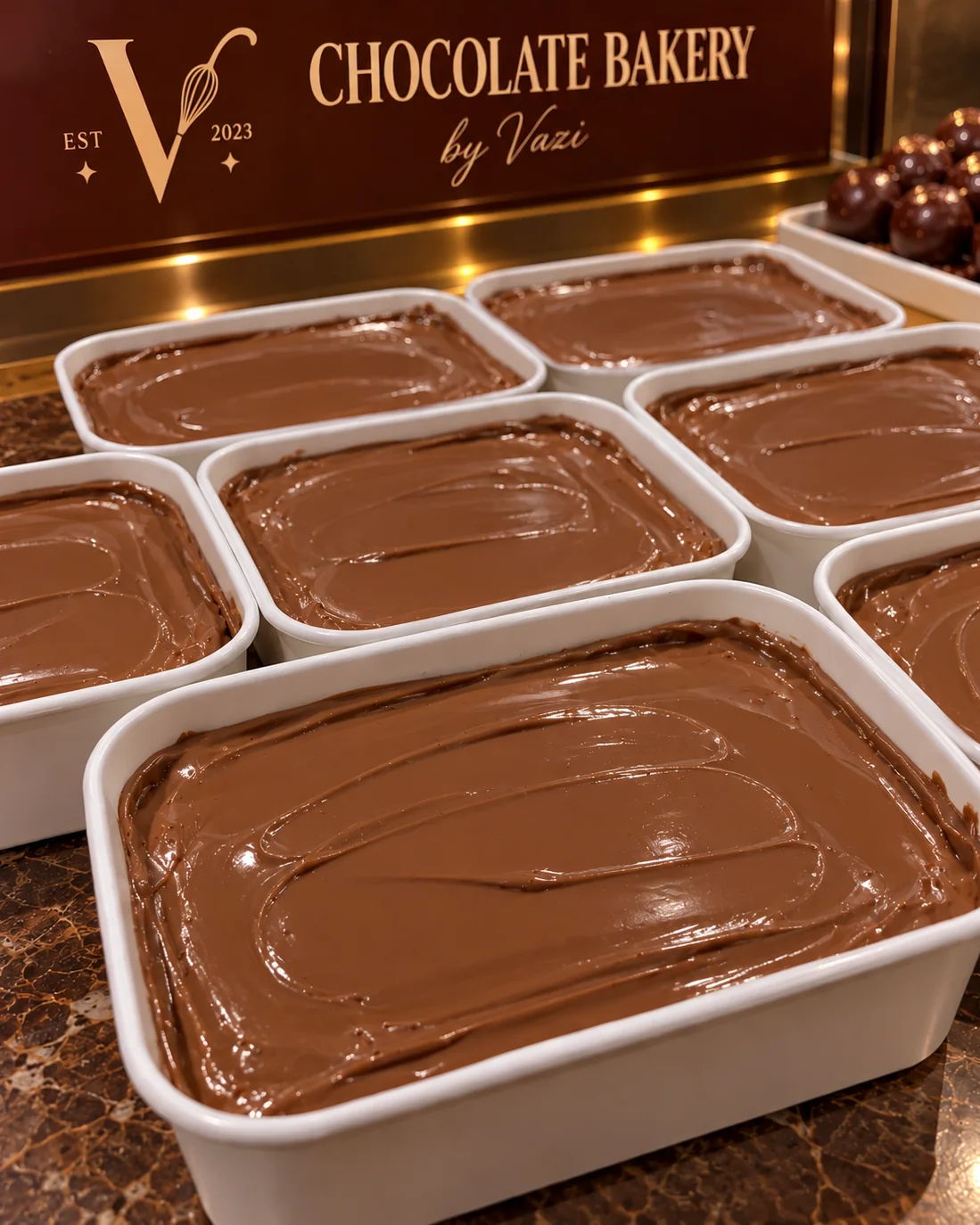 The same trays again, finished under a poured layer of glossy milk chocolate